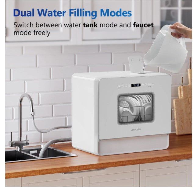 AIRMSEN 5-Place Settings Portable Countertop Dishwasher with 5L Built-in Water Tank, Ultra-Slim Dishwasher Upgrade 3 Spray Arms, 12H Delay Start and Salt Chamber Function, ZMW-DUHA01
