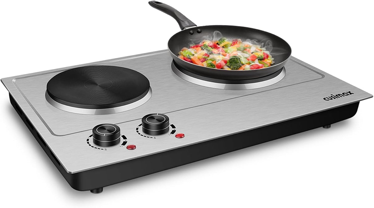 CUSIMAX 1800W Double Hot Plate, Stainless Steel Silver Countertop Burner