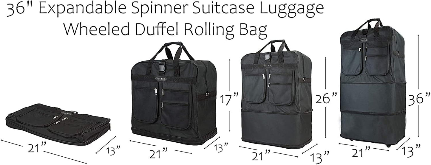 36" Rolling Wheeled Duffle Bag Spinner Suitcase Expandable Luggage (36 Inch, Black)
