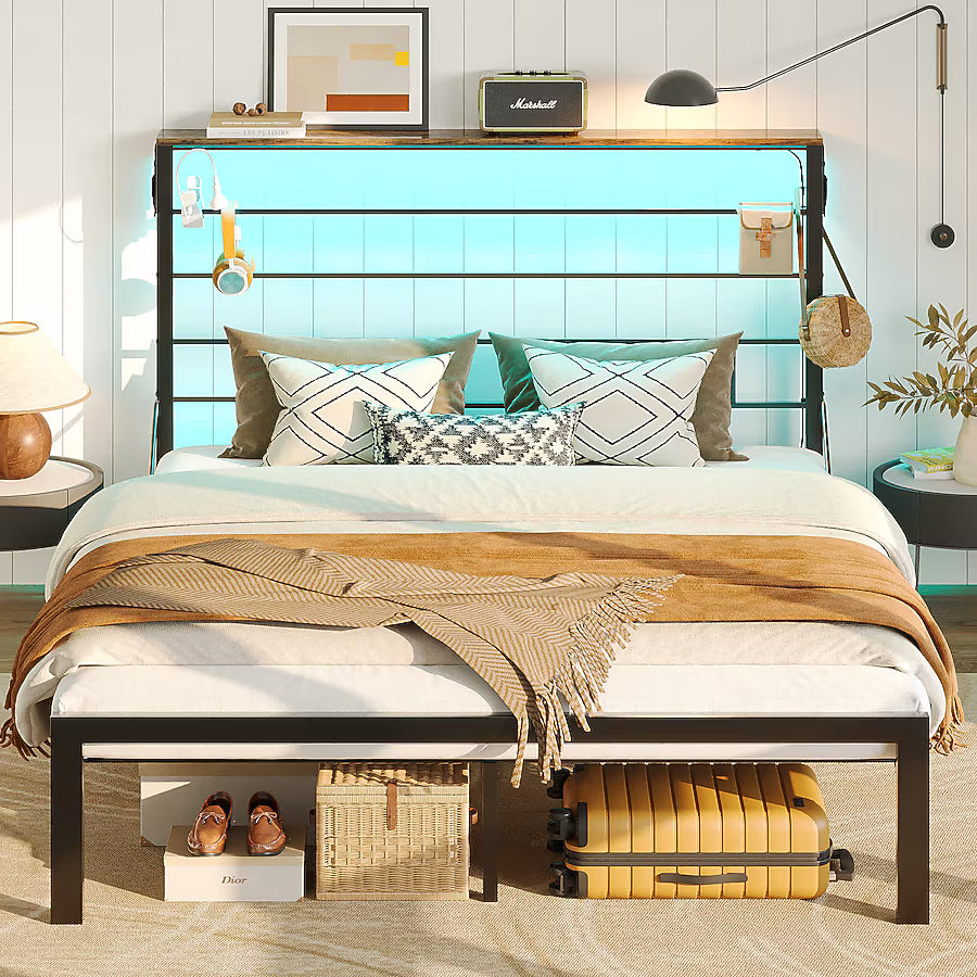 Full‑Size Bed Frame – Black w/ LED Storage Headboard Shelf