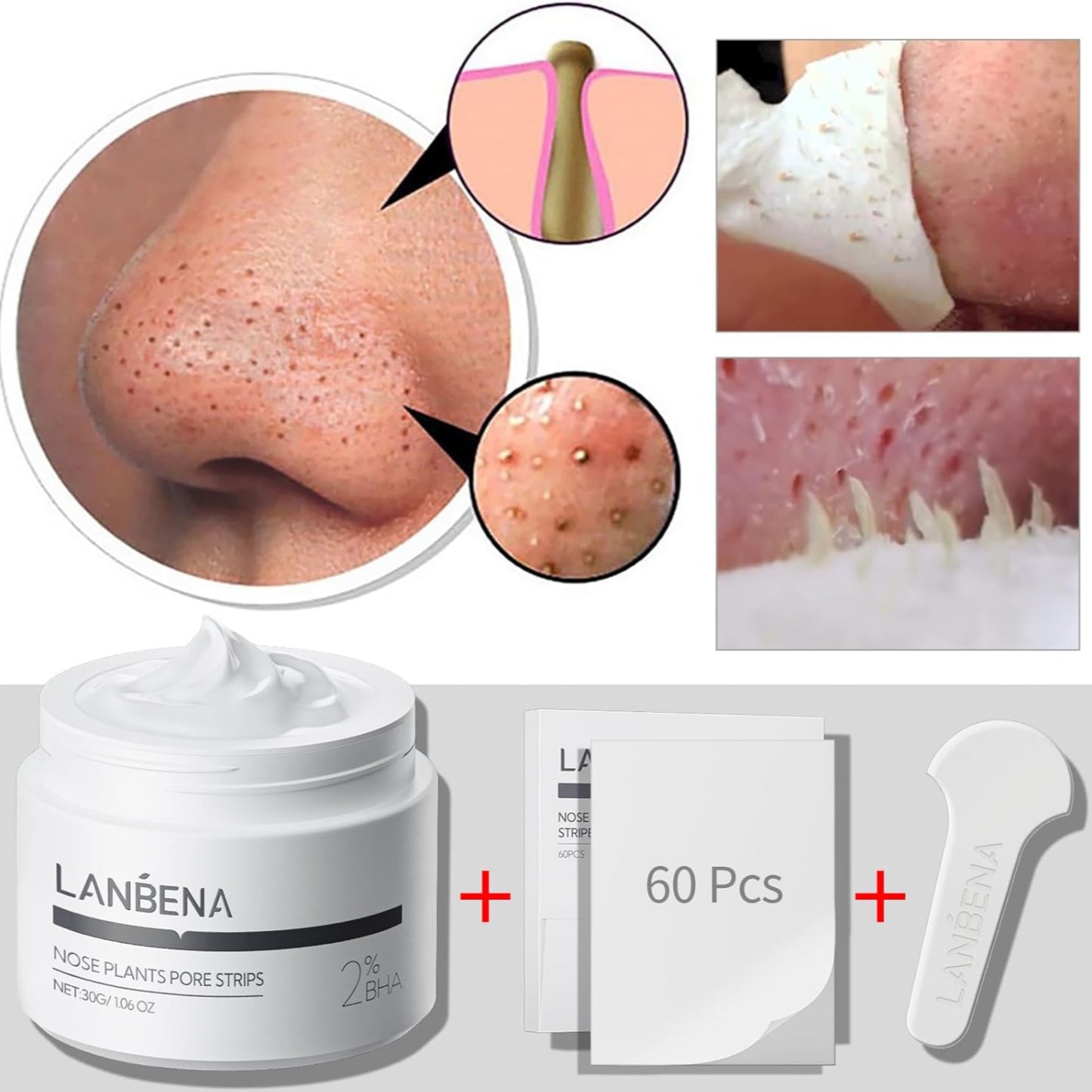 LANBENA blackhead remover, Nose Pore Strips for Blackheads, Black Head Remover Mask for Face, Puntos Negros, 30g+60pcs paper