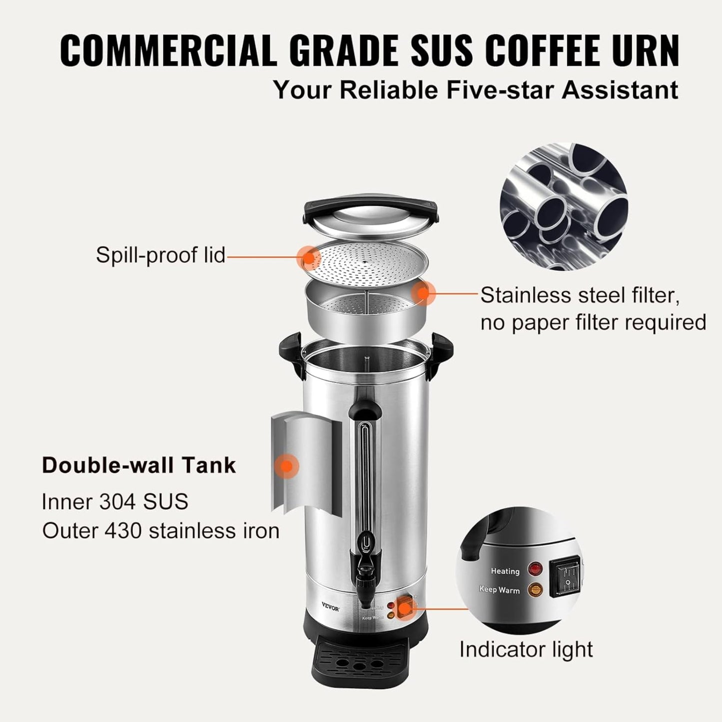 Commercial Coffee Urn, 65 Cups Stainless Steel Large Coffee Dispenser, 1500W 110V Electric Coffee Maker Urn