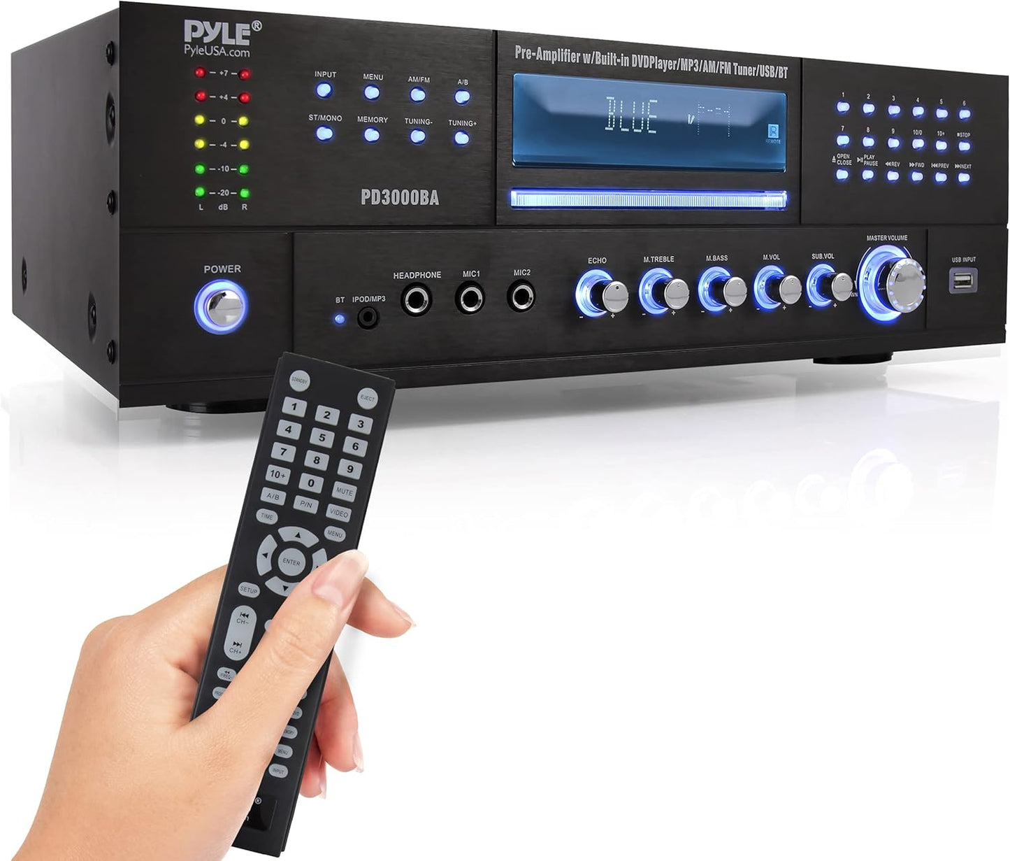 Pyle 4 Channel Wireless Bluetooth Amplifier - 3000 Watts Peak Stereo Home Audio Receiver with FM Radio, USB, 2 MIC in with Echo, HDMI & 24-Bit Decode, Front Loading CD/DVD Player, LED, Rack Mount