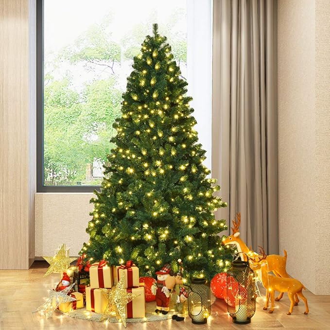 BestComfort 7.5FT Pre-Lit Christmas Tree, 400 LED Lights, 1346 PVC Branch Tips, Folding Metal Stand, Quick Setup, Hinged Xmas Artificial Tree for Home Office Festival Celebration Decoration