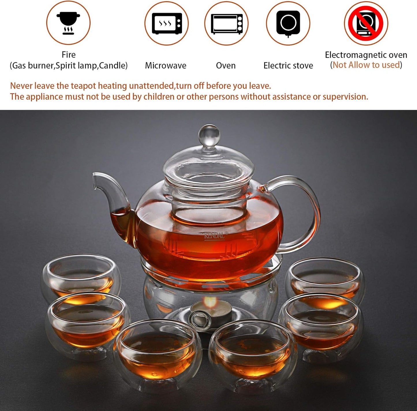 Kendal 27 oz glass filtering tea maker teapot with a warmer and 6 tea cups CJ-800ml