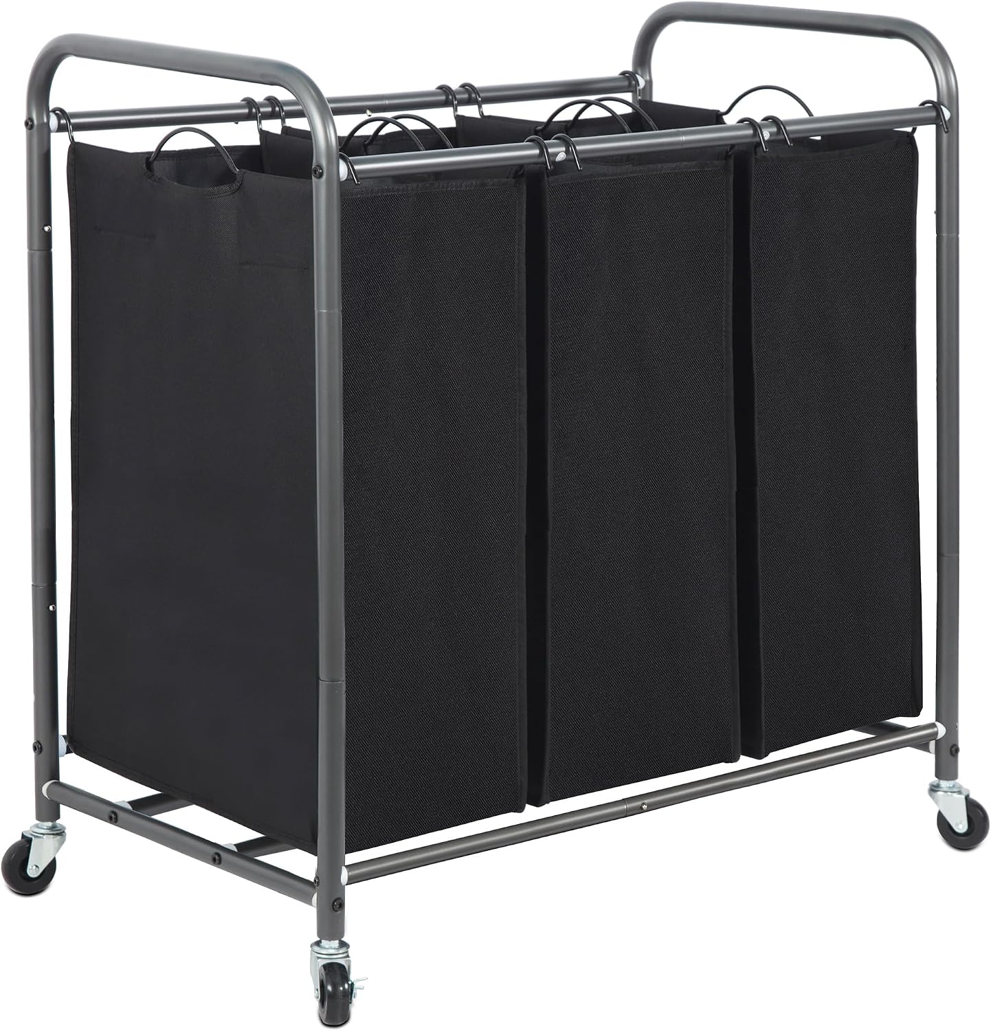3 Section Laundry Sorter, 3 Bag Hamper Cart With Heavy Duty Rolling Lockable Wheels and Removable Bags, Clothes Separator Organizer Basket, Black