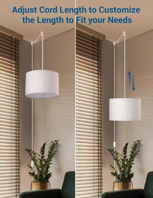 15 ft. 1-Light Beige Plug in Pendant Light with Clear Cord and Beige Linen Shade