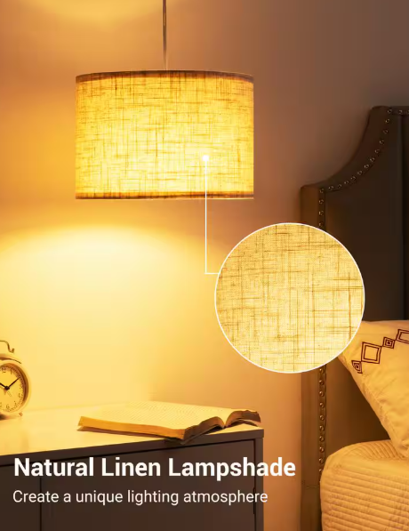 15 ft. 1-Light Beige Plug in Pendant Light with Clear Cord and Beige Linen Shade