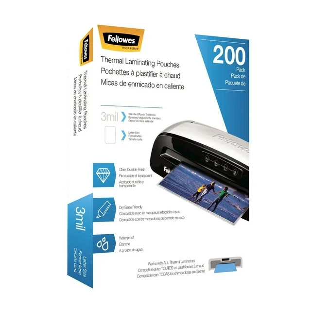 Fellowes Thermal Laminating Pouches - Letter, 3 mil, 200 pack
