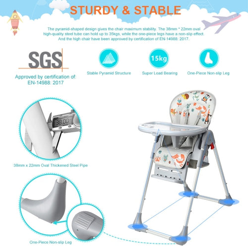 Baby High Chair, Foldable Dining Chair with Storage Basket, Adjustable Seat Height, Food Tray and Footrest, 3 Reclining Backrest