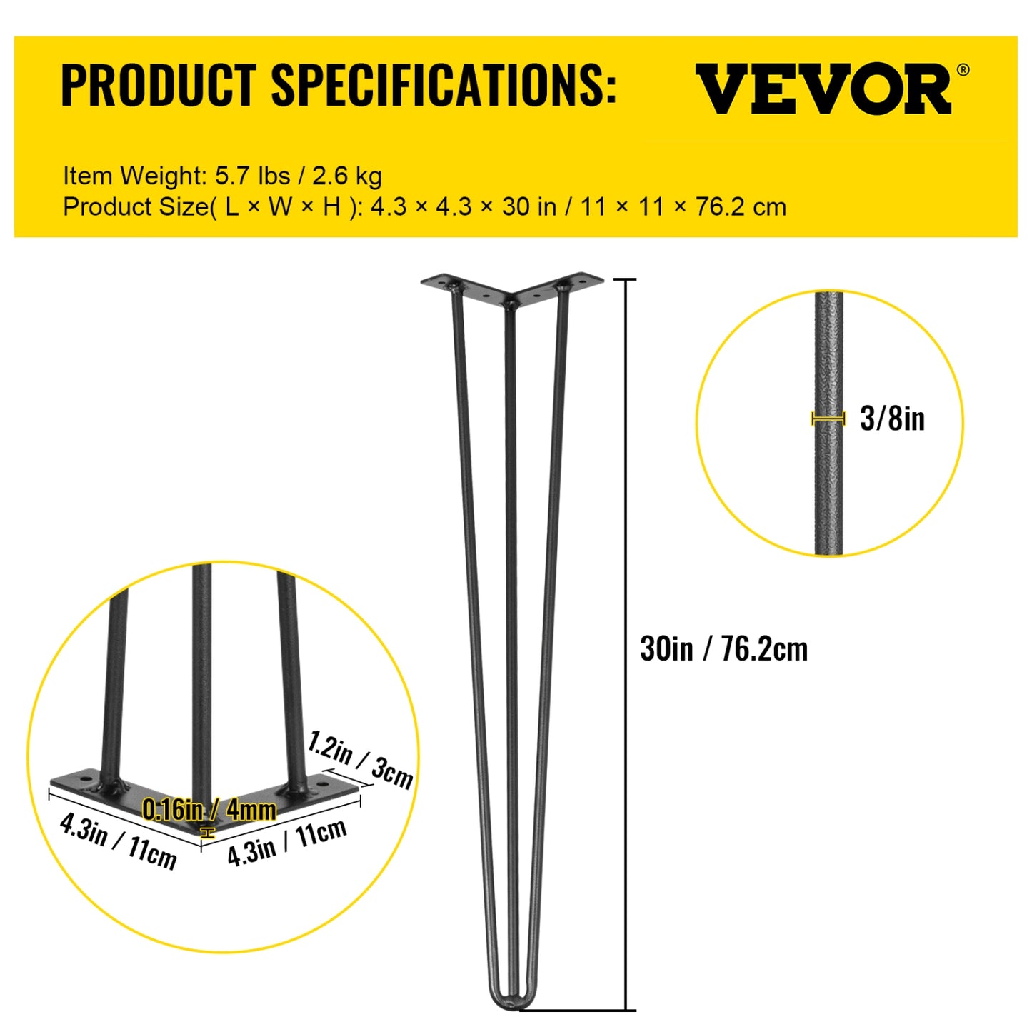 VEVOR 40” Hairpin Table Legs – Set of 4 (Black)