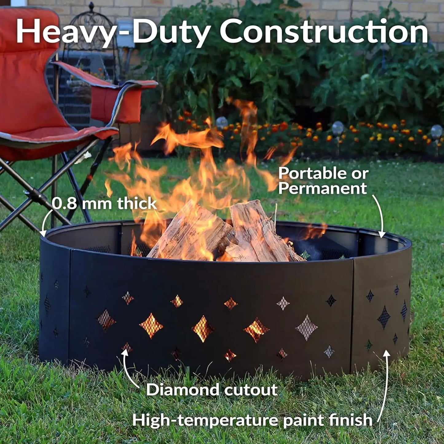 Sunnydaze 36-Inch Outdoor Fire Pit Ring with Poker – Diamond Pat
