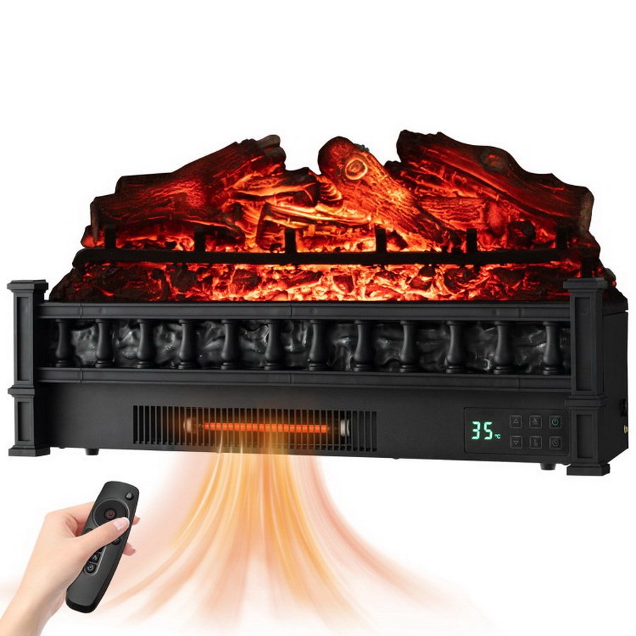 20 Inch Electric Fireplace Heater with Realistic Birchwood Ember Bed-Black