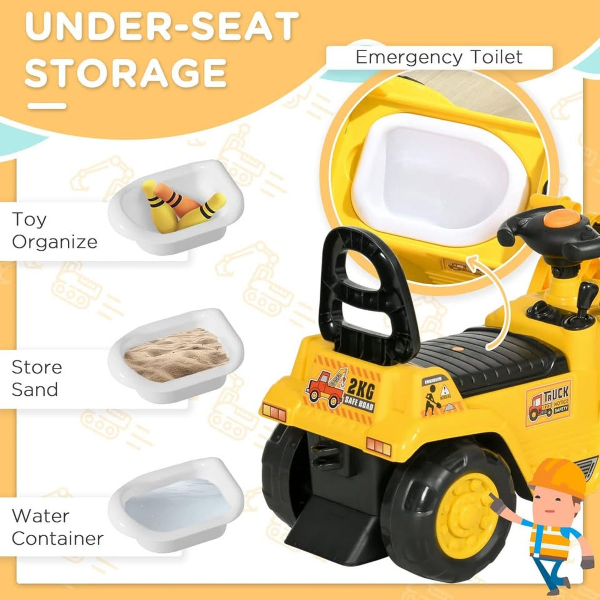 Toy Riding Bulldozer Ride-On Toy Bulldozer with Bucket Horn Steering Wheel Storage Toddlers ...