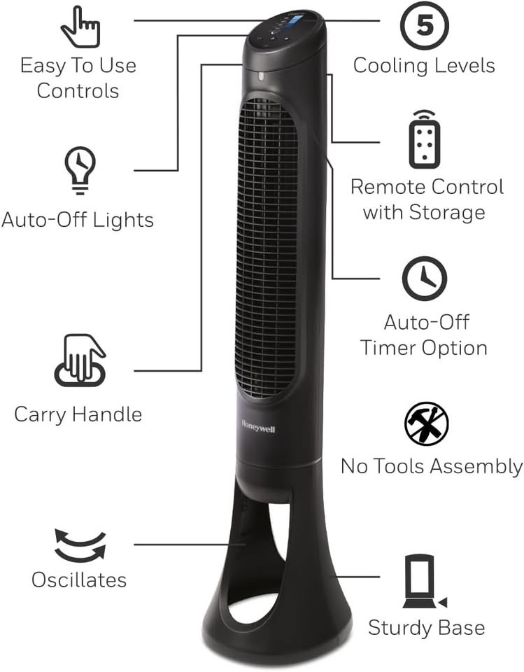 Honeywell Quiet Set 5-Speed Oscillating Tower Fan - 40" - Black
