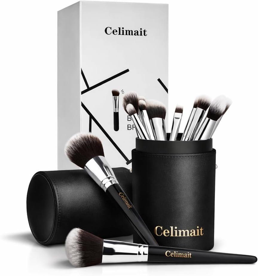 Makeup Brush Set with Case, Synthetic Bristles, Wood Handle, 12 Pcs