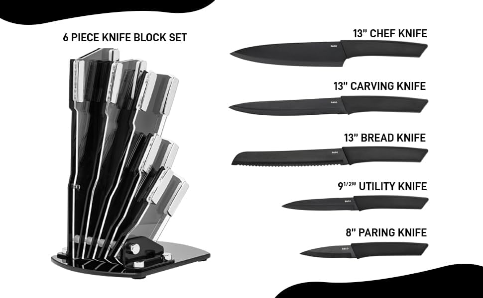 Kitchen Knife Set with Block, 6 PCS High Carbon Stainless Steel Sharp Kitchen Knife Set