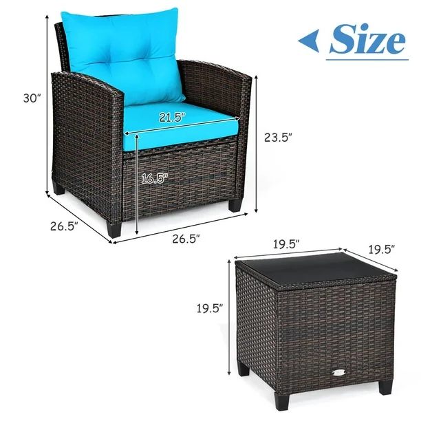 3 Pieces Patio Furniture Set, PE Rattan Wicker 3 Pcs Outdoor Sofa Set