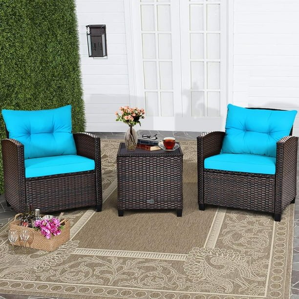 3 Pieces Patio Furniture Set, PE Rattan Wicker 3 Pcs Outdoor Sofa Set