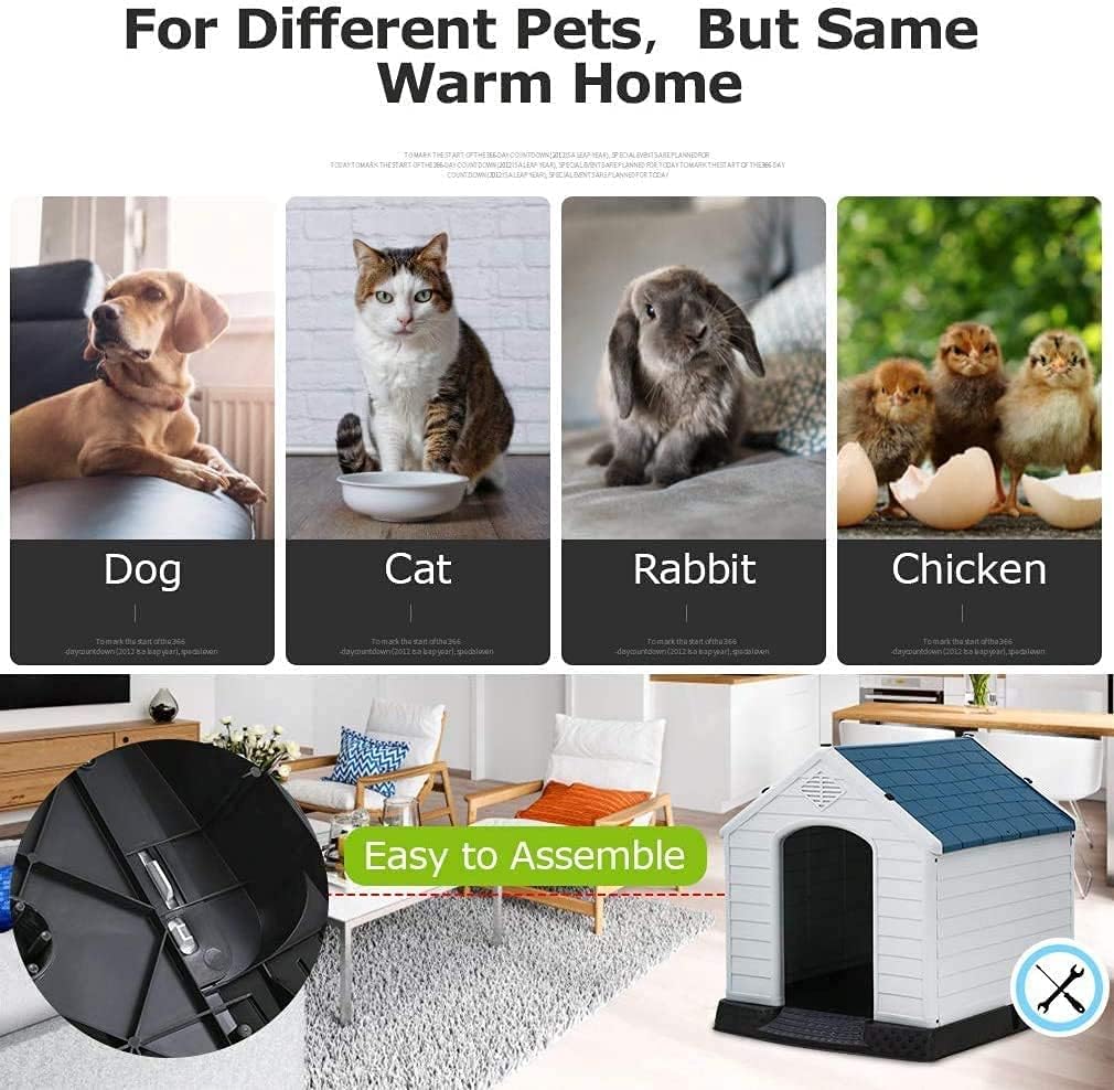 Big Dog House Plasic Dog House Puppy Shelter for Small Medium Large Dogs, Waterproof Ventilate Plastic Durable Indoor Outdoor Pet Shelter Kennel