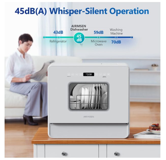 AIRMSEN 5-Place Settings Portable Countertop Dishwasher with 5L Built-in Water Tank, Ultra-Slim Dishwasher Upgrade 3 Spray Arms, 12H Delay Start and Salt Chamber Function, ZMW-DUHA01