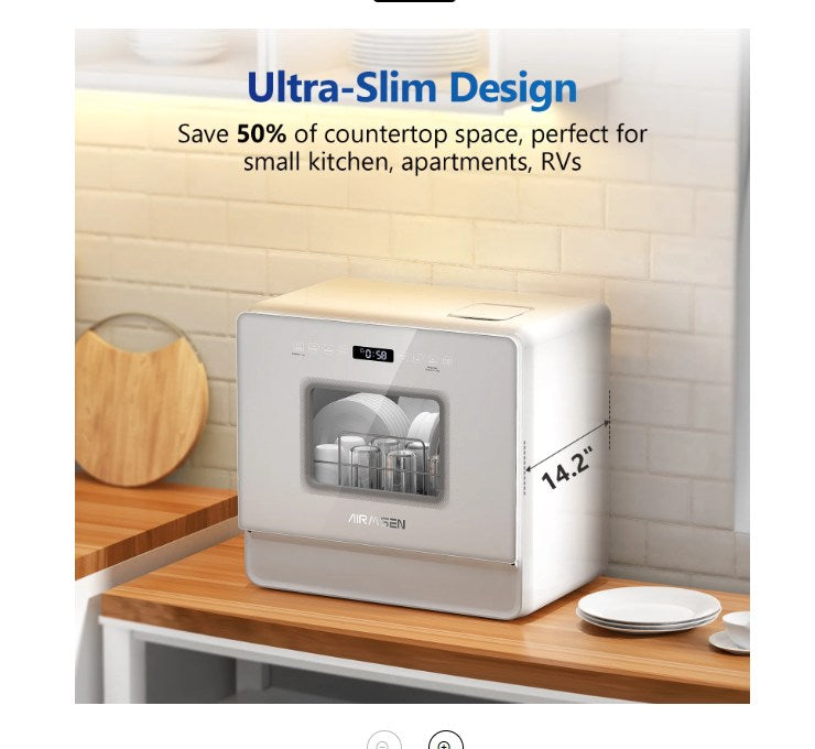 AIRMSEN 5-Place Settings Portable Countertop Dishwasher with 5L Built-in Water Tank, Ultra-Slim Dishwasher Upgrade 3 Spray Arms, 12H Delay Start and Salt Chamber Function, ZMW-DUHA01