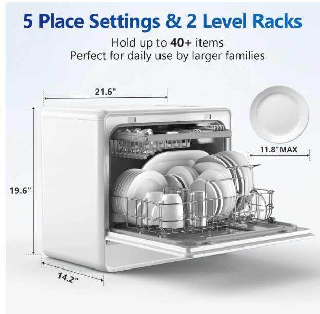 AIRMSEN 5-Place Settings Portable Countertop Dishwasher with 5L Built-in Water Tank, Ultra-Slim Dishwasher Upgrade 3 Spray Arms, 12H Delay Start and Salt Chamber Function, ZMW-DUHA01