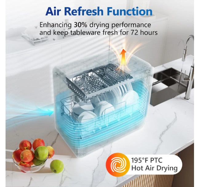 AIRMSEN 5-Place Settings Portable Countertop Dishwasher with 5L Built-in Water Tank, Ultra-Slim Dishwasher Upgrade 3 Spray Arms, 12H Delay Start and Salt Chamber Function, ZMW-DUHA01