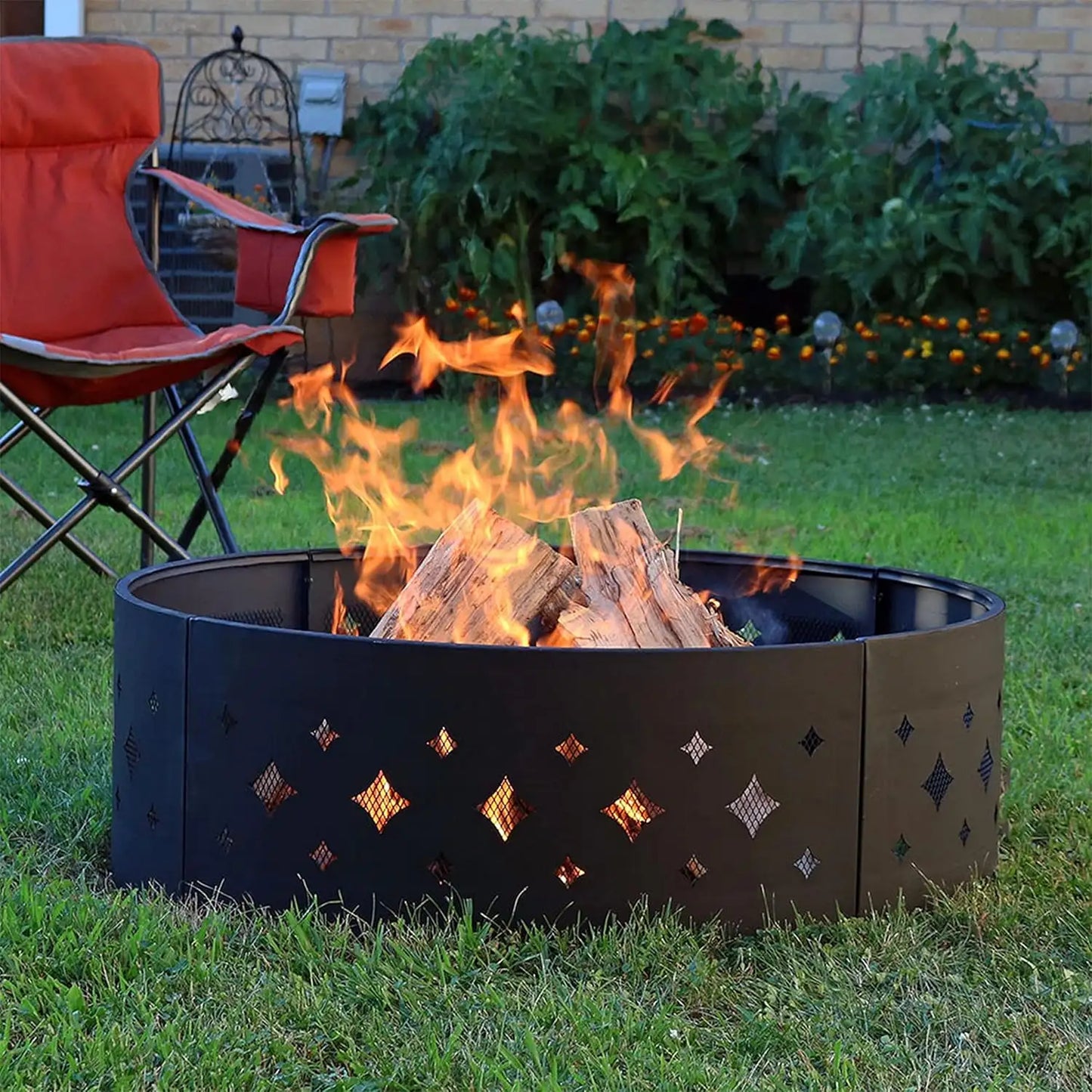 Sunnydaze 36-Inch Outdoor Fire Pit Ring with Poker – Diamond Pat