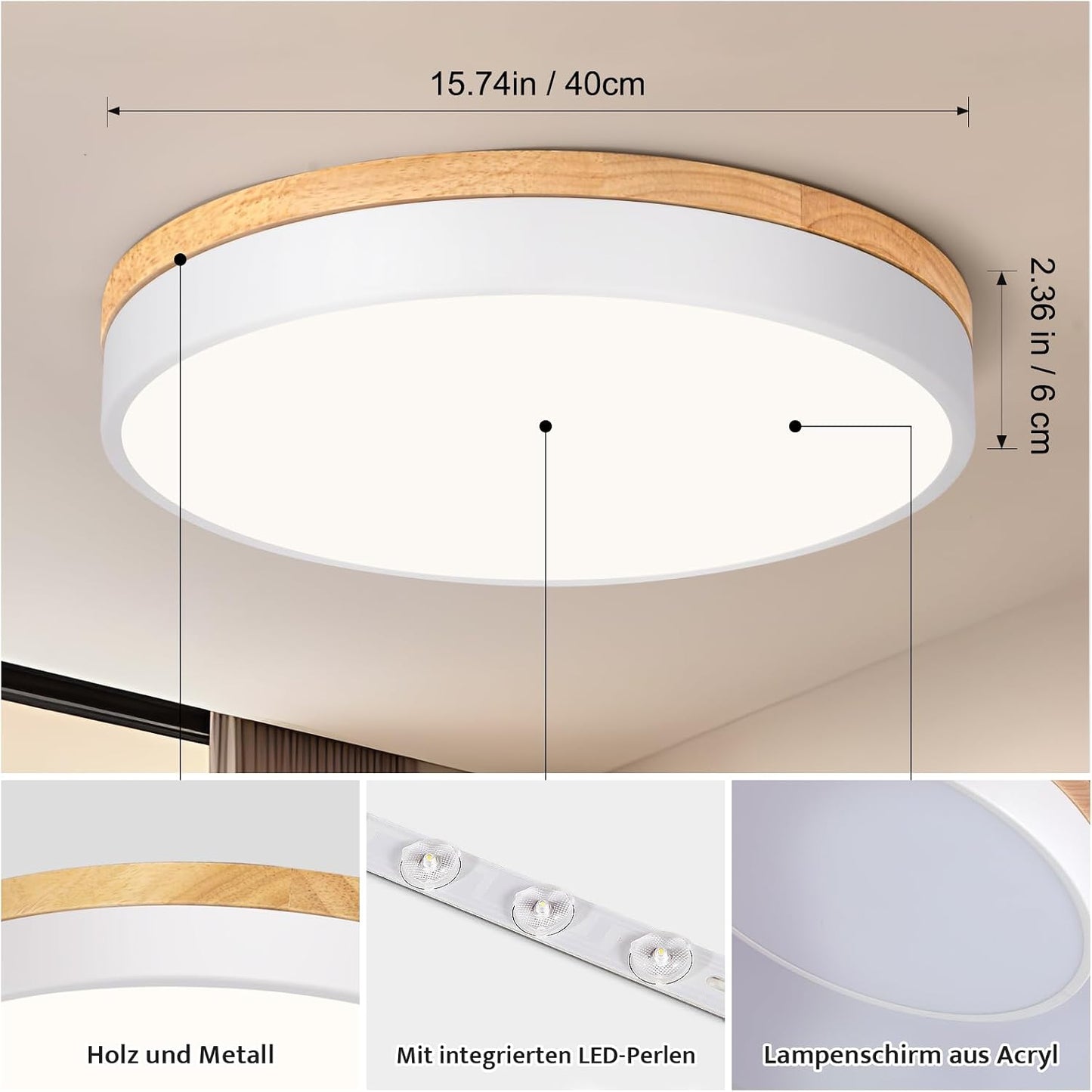 LED Ceiling Light, 40 cm White Wooden Ceiling Light