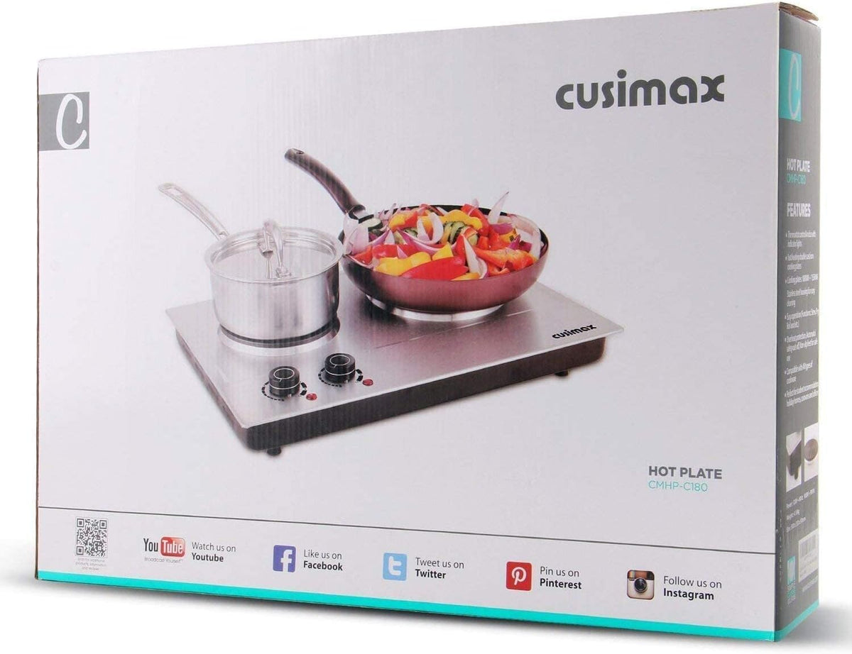 CUSIMAX 1800W Double Hot Plate, Stainless Steel Silver Countertop Burner