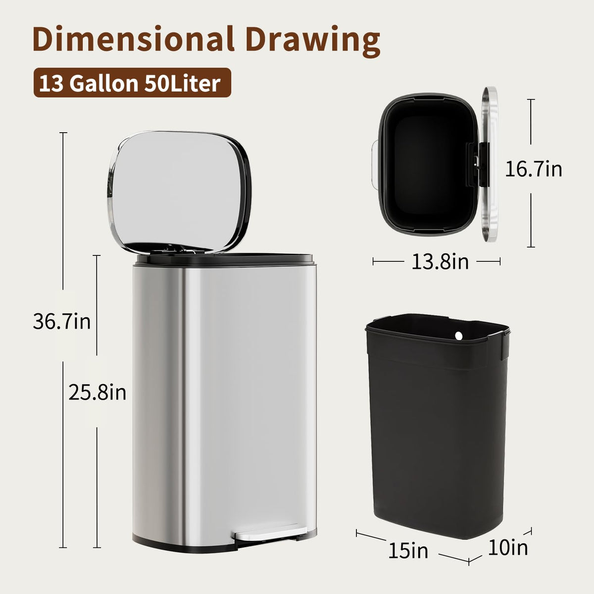 PayLessHere 13‑Gallon Stainless Steel Kitchen Trash Can