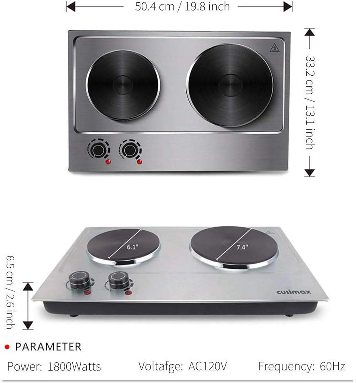 CUSIMAX 1800W Double Hot Plate, Stainless Steel Silver Countertop Burner