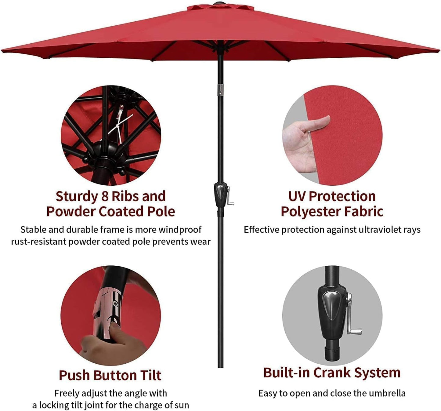 Simple Deluxe 9ft Outdoor Market Table Patio Umbrella with Button Tilt, Crank an
