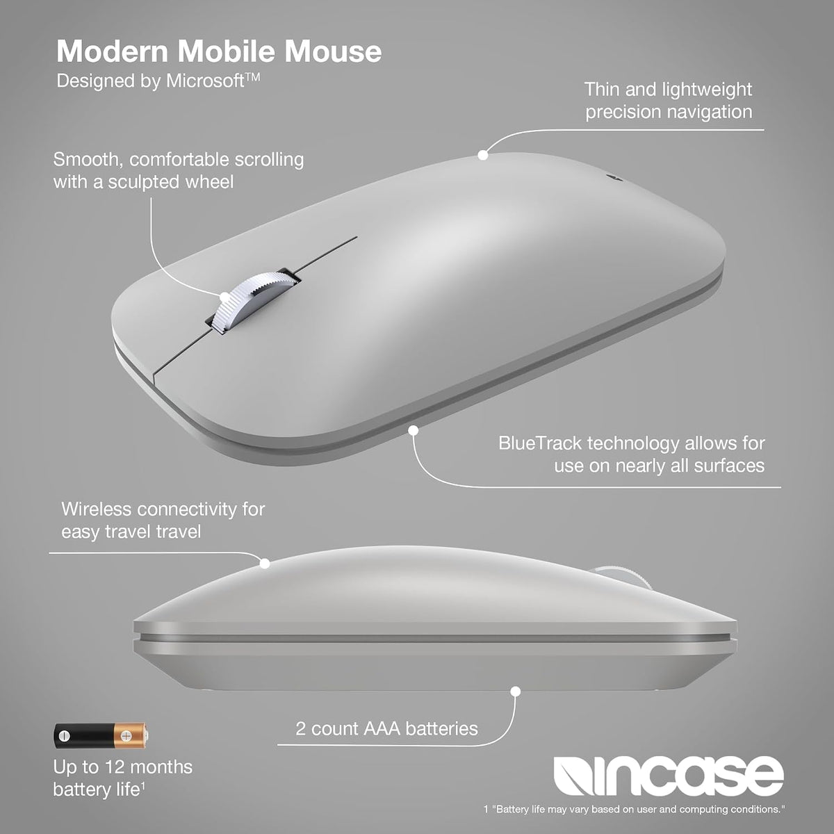 Incase Designed by Microsoft Modern Mobile Bluetooth BlueTrack Mouse- Black / Platinum