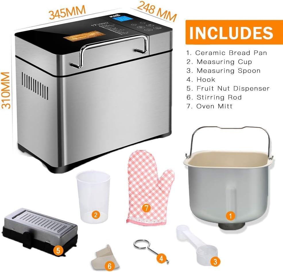 KBS Large 17-in-1 Bread Machine, 2LB All Stainless Steel Bread Maker with Auto Fruit Nut Dispenser, Nonstick Ceramic Pan, Full Touch Panel Tempered Glass, Reserve& Keep Warm Set, Oven Mitt and Recipes