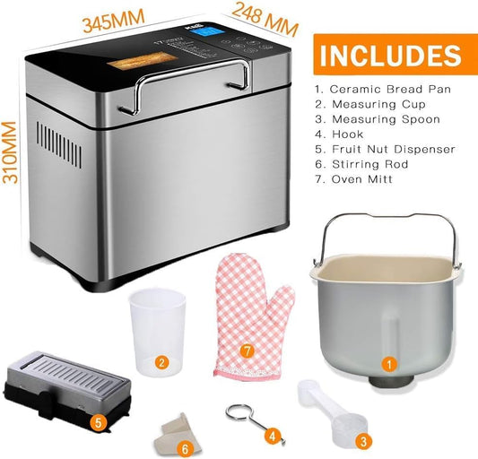 KBS Large 17-in-1 Bread Machine, 2LB All Stainless Steel Bread Maker with Auto Fruit Nut Dispenser, Nonstick Ceramic Pan, Full Touch Panel Tempered Glass, Reserve& Keep Warm Set, Oven Mitt and Recipes