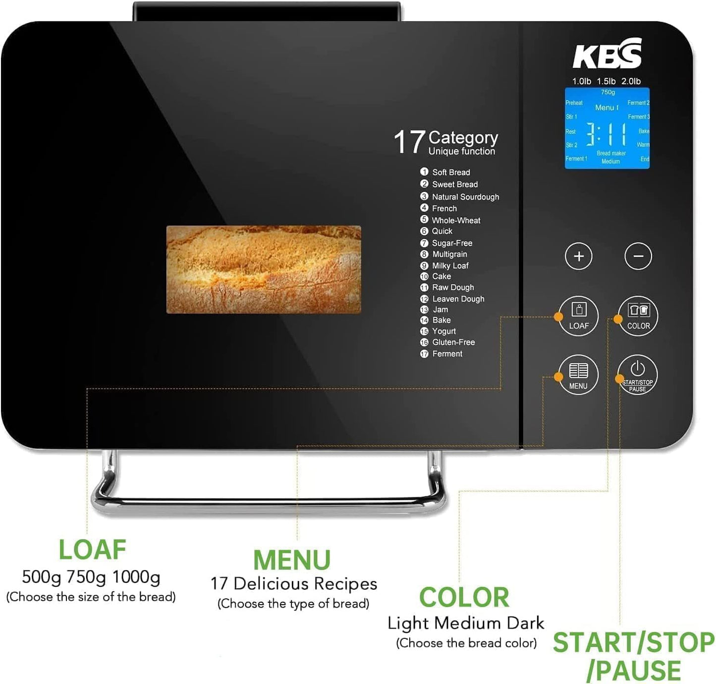 KBS Large 17-in-1 Bread Machine, 2LB All Stainless Steel Bread Maker with Auto Fruit Nut Dispenser, Nonstick Ceramic Pan, Full Touch Panel Tempered Glass, Reserve& Keep Warm Set, Oven Mitt and Recipes