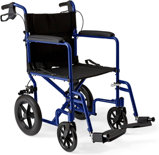 Medline Lightweight Transport Wheelchair with Handbrakes, Folding Transport Chair for Adults has 12 inch Wheels, Blue