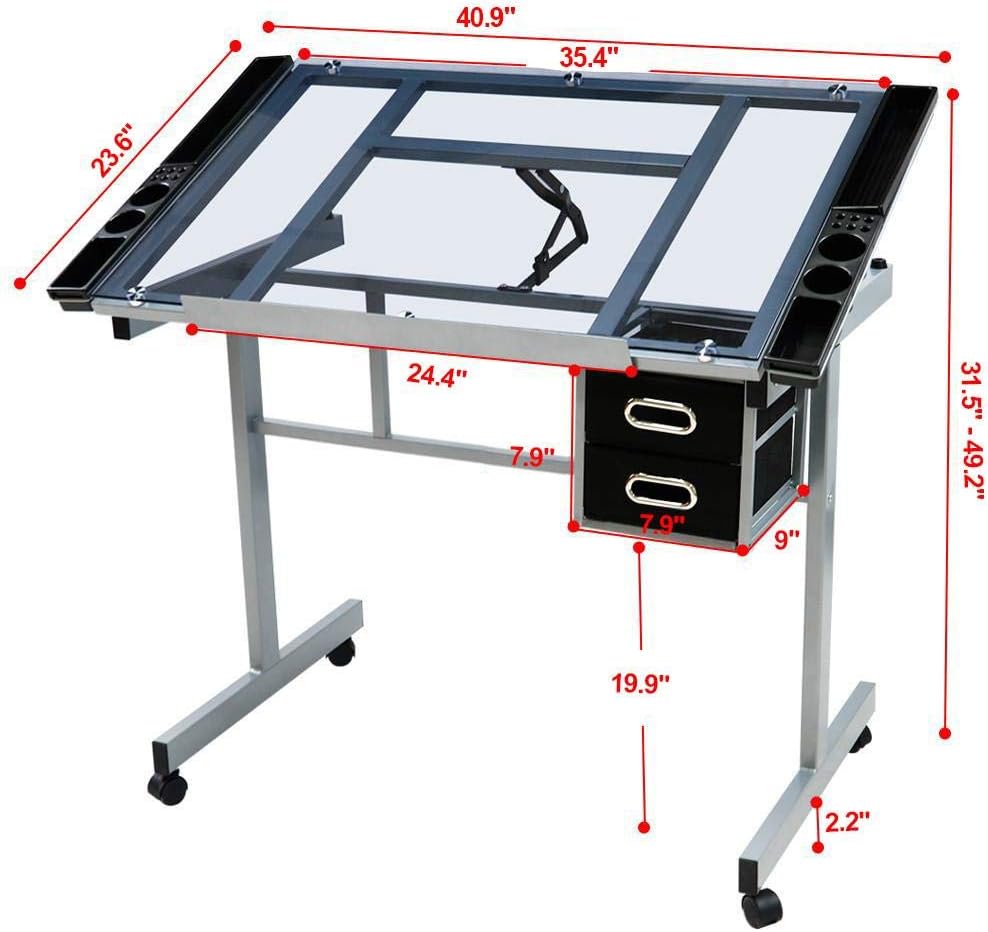 Adjustable Glass Drafting Table / Drawing Desk – Art & Craft Station w/ Wheels + Drawers