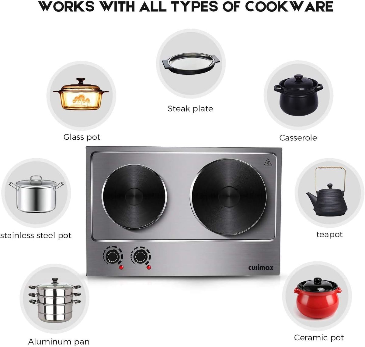 CUSIMAX 1800W Double Hot Plate, Stainless Steel Silver Countertop Burner