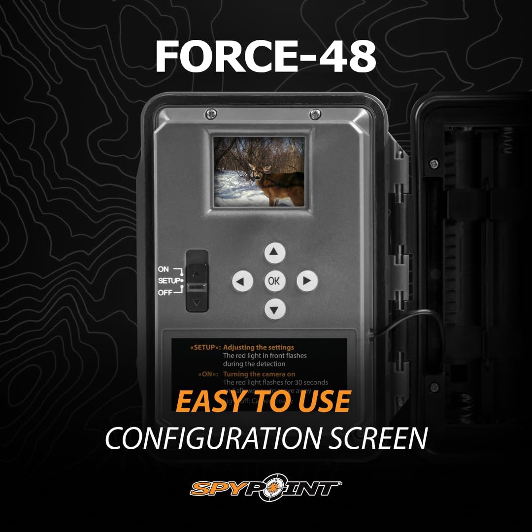 SPYPOINT Force 48 Trail Camera, Non-Cellular, 48MP Photo 720p Video w/ 48 Low-Glow LEDs for Image Quality Day or Night, 80’ Flash Range, 80’ Detection Range, LCD Setup Screen