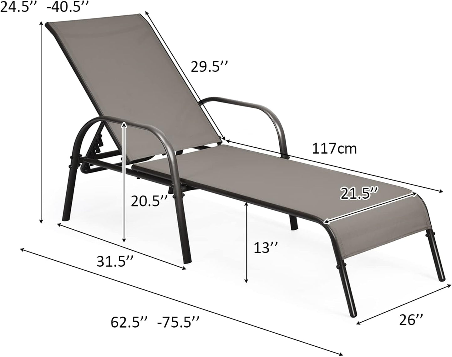Outdoor Chaise Lounge Chair, All Weather Reclining Lounge Chair w/ 5 Adjustable Backrest Positions