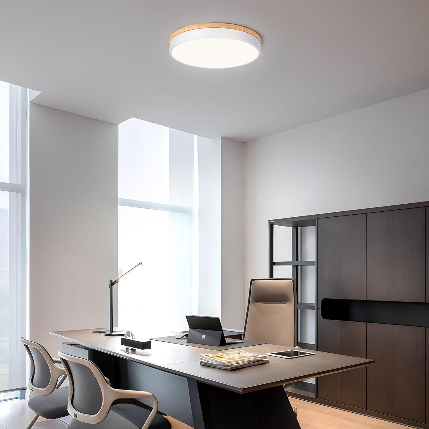 LED Ceiling Light, 40 cm White Wooden Ceiling Light