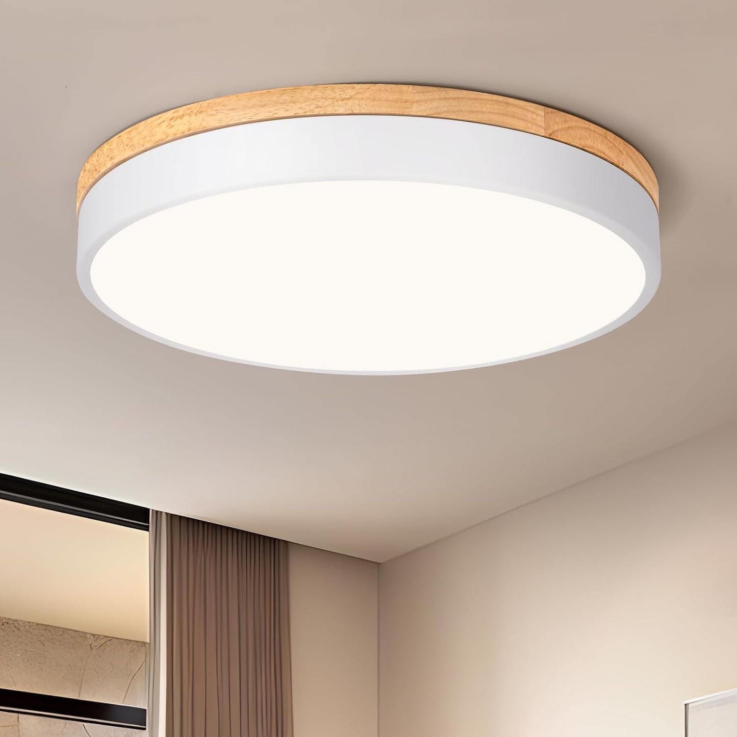 LED Ceiling Light, 40 cm White Wooden Ceiling Light