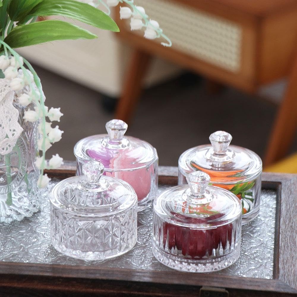 Glass Candy Dish with Lid, Clear Round Glass Candy Jar Ice Cream Dessert Cups Jewelry Box for Food Storage Organization