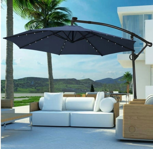 Patio Umbrella with Stand & Solar LED Lights Blue