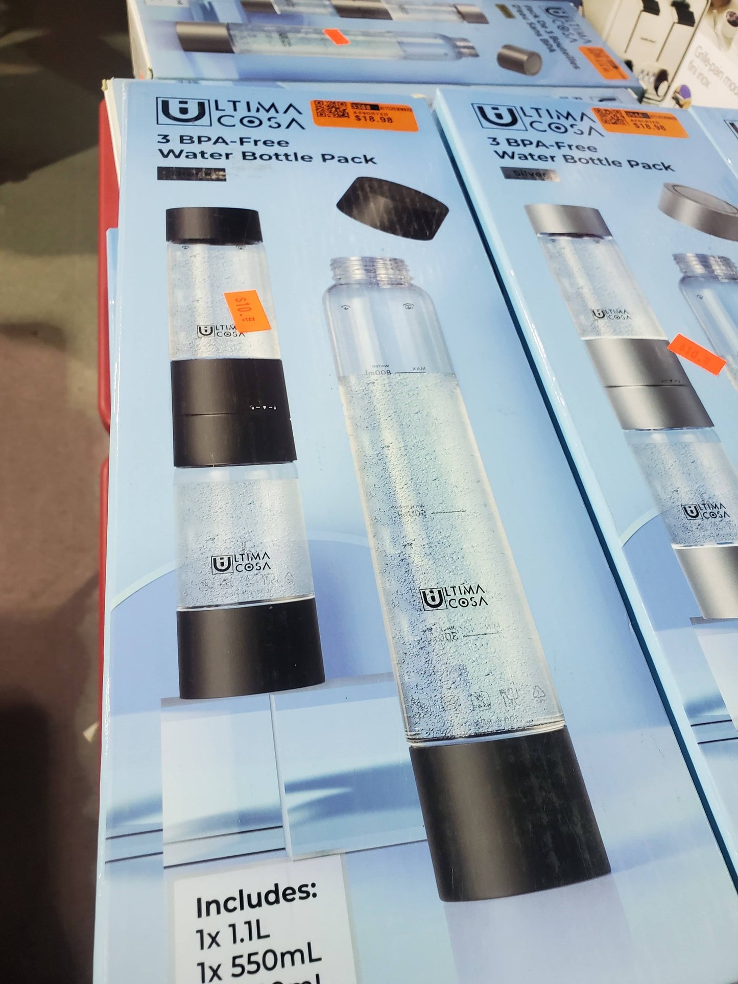 Ultima Cosa 3‑Pack BPA‑Free Water Bottles – Black / Silver