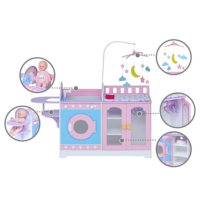 Little World by Teamson Kids – Wooden Interactive 6‑in‑1 Baby Doll Changing Table Station Nursery
