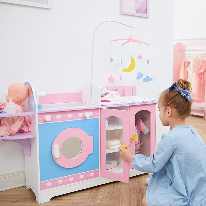 Little World by Teamson Kids – Wooden Interactive 6‑in‑1 Baby Doll Changing Table Station Nursery